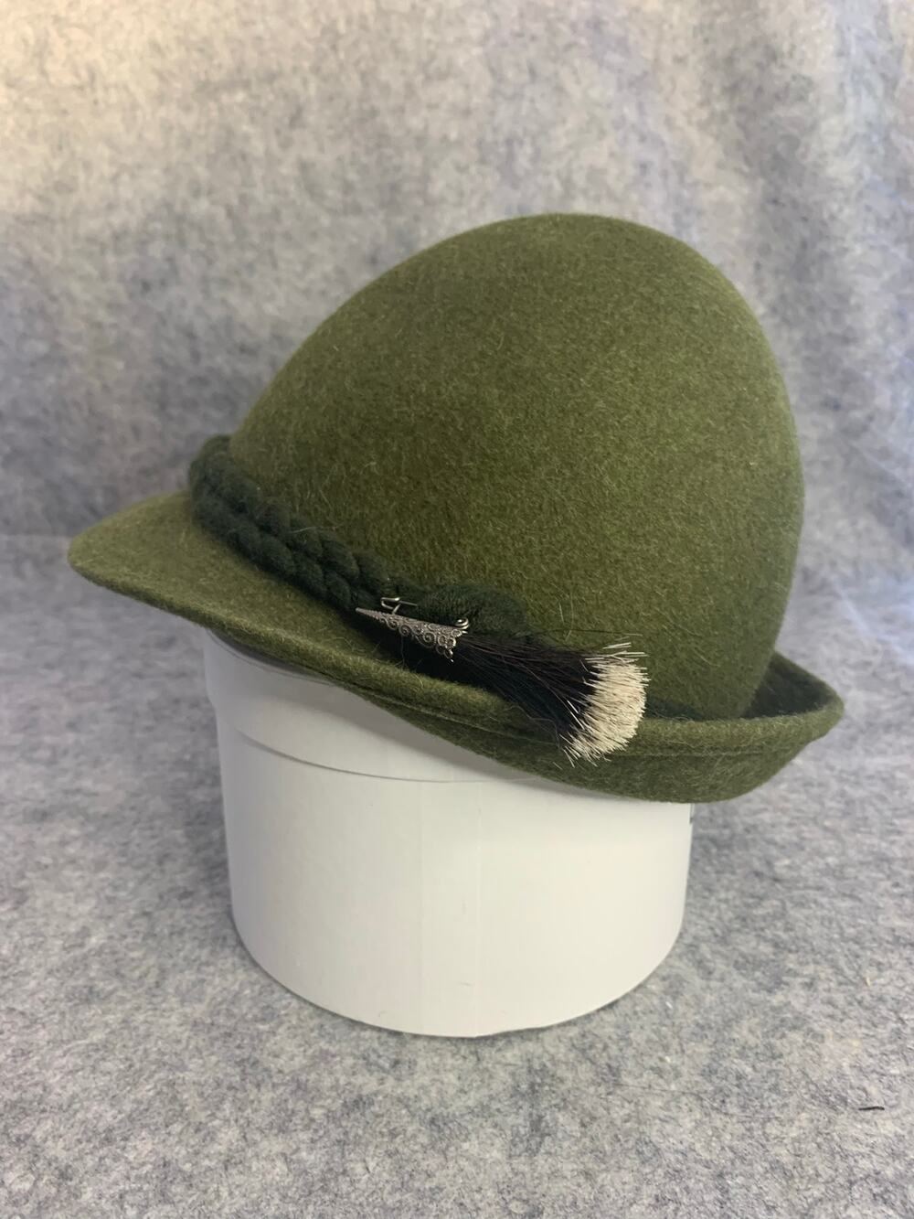 Vintage German Austrian Tyrolean Olive Green Wool Hat, Size 53 XS Oktoberfest